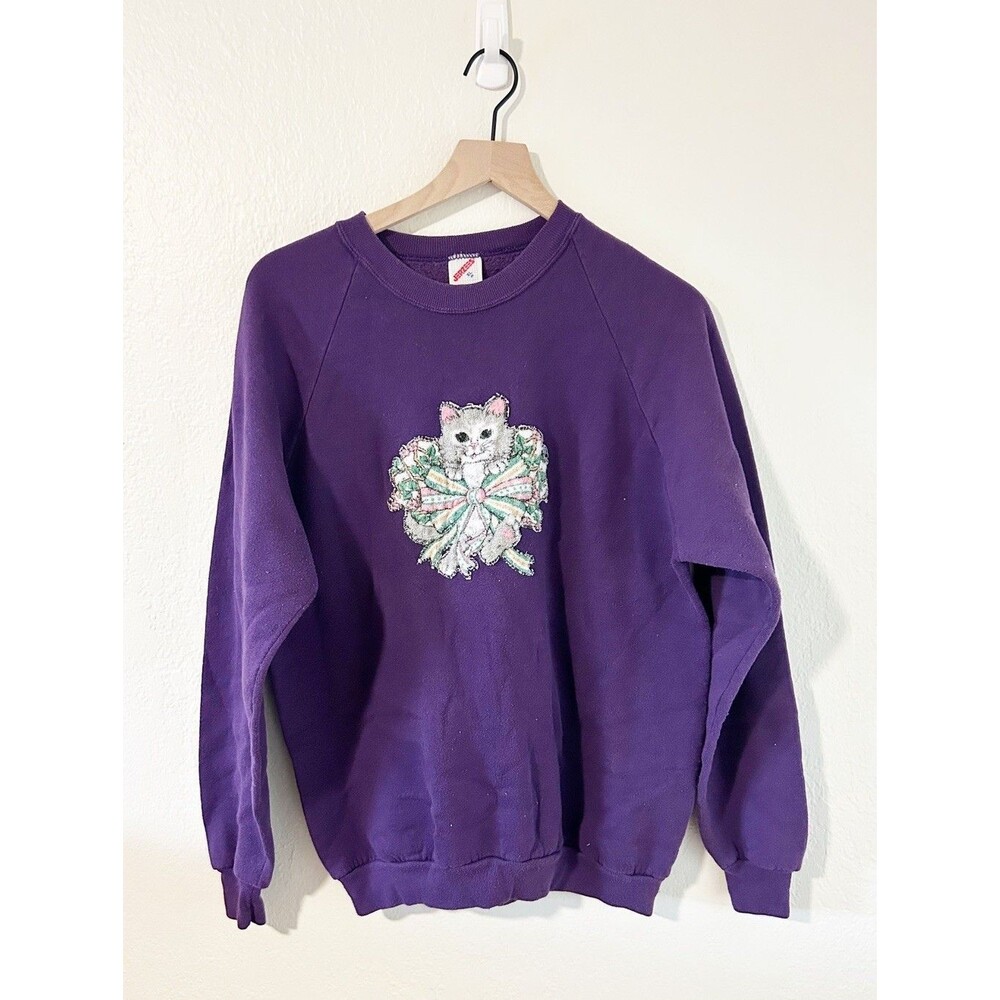 Vintage 90’s JERZEES Cat Kitten Purple Bow Sweatshirt Cottagecore Grandma XL